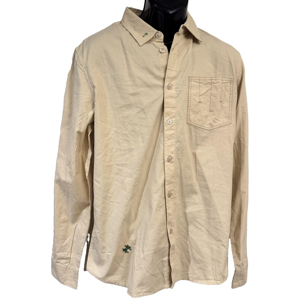 Desigual Shirt Mens L Beige Desert Tropical Embroidered Long Sleeve Button-Up